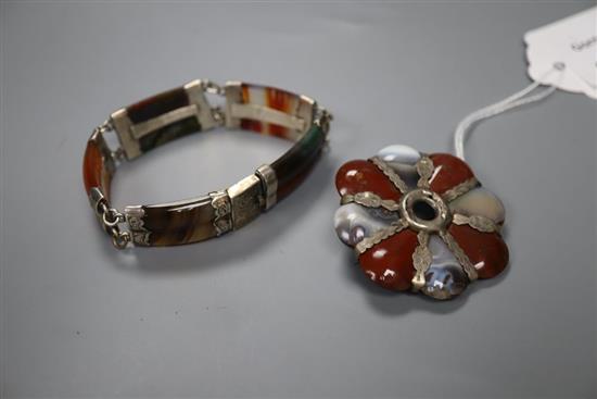 A 20th century silver and Scottish hardstone and agate set bracelet and a similar shaped circular brooch,